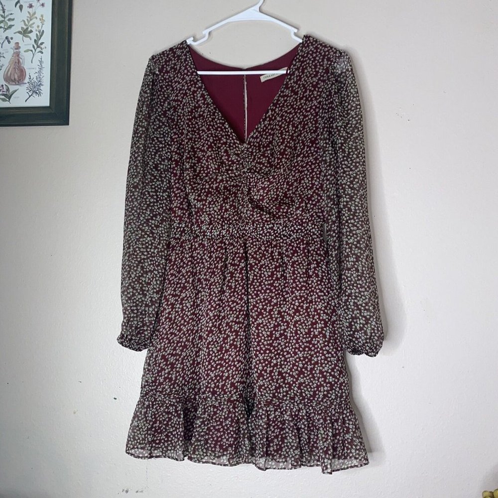 Revolve The East Order Maroon Floral Long Sheer Sleeves Mini Dress Size XS Boho